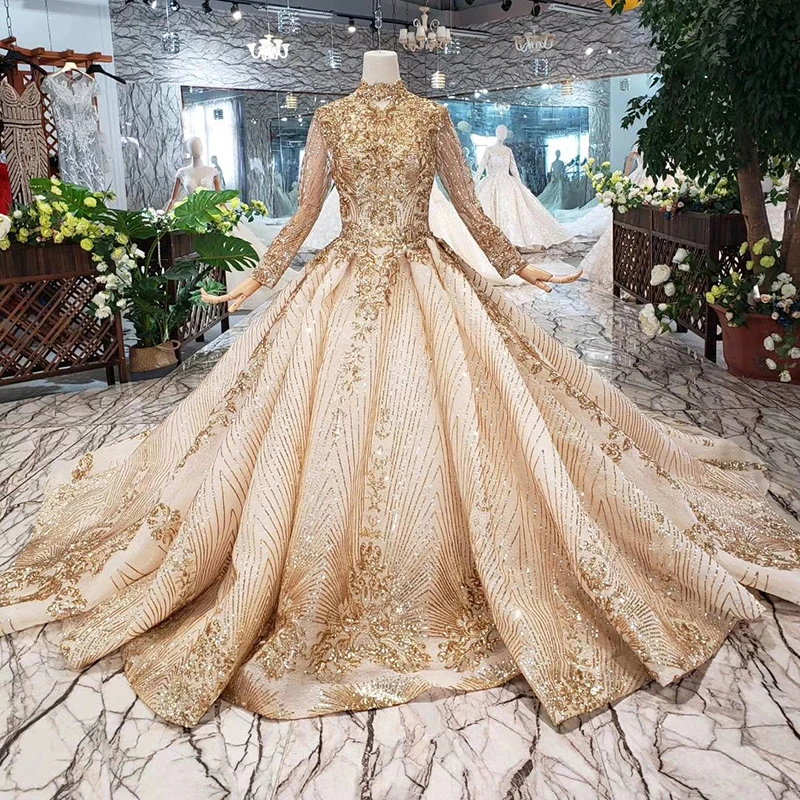 Jancember LS20470 muslim long sleeve chinese traditional wedding dress for girls high neck long trail wedding dress
