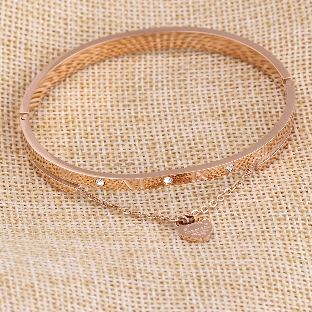 Rose Gold Plated Stainless Steel Romen Number Crystal Bangle Buy 