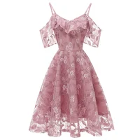 

Wholesale DN-CD1627 Women Floral Embroidery Ruffle Strap Female Lace Dress