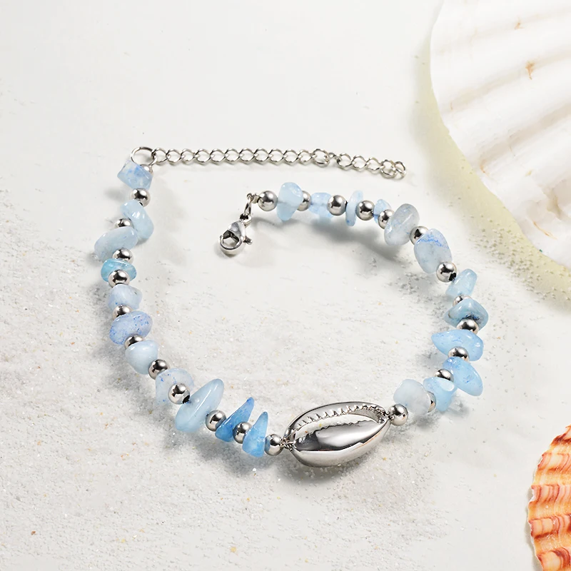 

BAOYAN Natural Aquamarine Chips Stone Sterling Silver Bracelet with Silver Shell