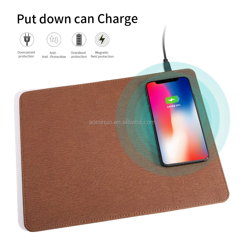 

2018 Newest Technology QI Faster Wireless Charger Desktop Charging Mouse Pad Mat For iPhone 8 8 Plus X Charger Pad, Black brown grey