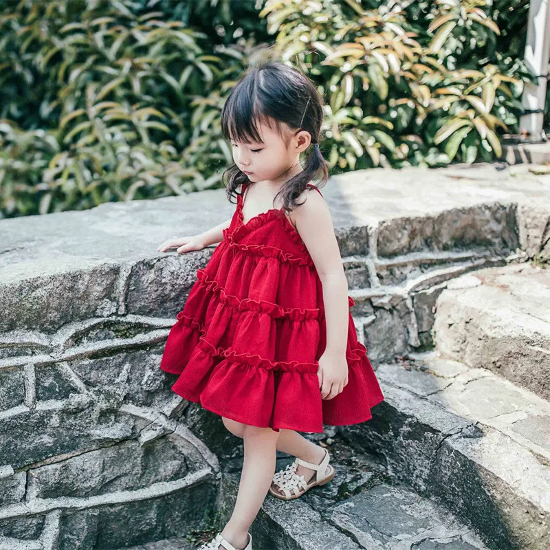 

Toddler kids sling solid color princess dress newborn red suspender frock designs dress