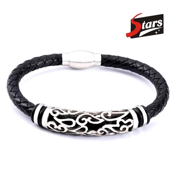 

Wholesale Magnetic Clasp 316L Stainless Steel Men Braided Leather Engraved Bracelet