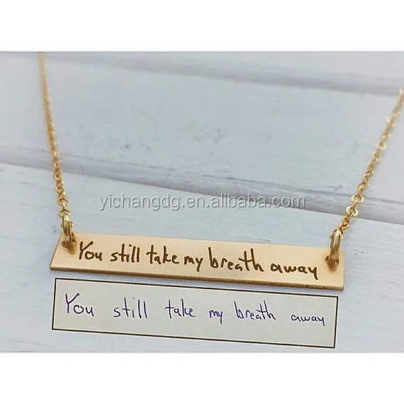 Handwritten Jewelry Horizontal Gold Bar Necklace Personalized Rose Silver Present Your Handwriting Engraved Gift Mom Sister Wife Girlfriend.jpg
