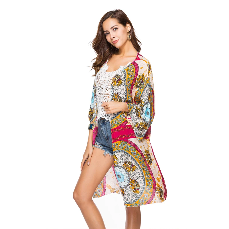 

Women Apparel Beach Wear Loose Boho Clothing Latest Design Cardigan Boho Blouse Floral Kimono, Red floral printing boho blouse
