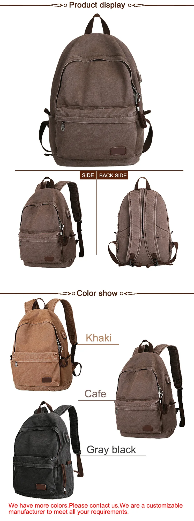 Wholesale China Manufacturer Vintage School Usb Canvas Backpack for 14 inch Computer