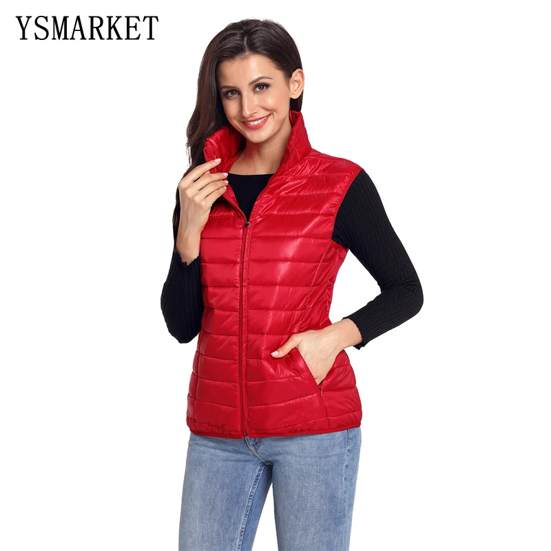 

2018 Women Casual Zipper Front Pocket Quilted Cotton Down Vest Standing Collar Sleeveless Open Front Vest E85127, N/a