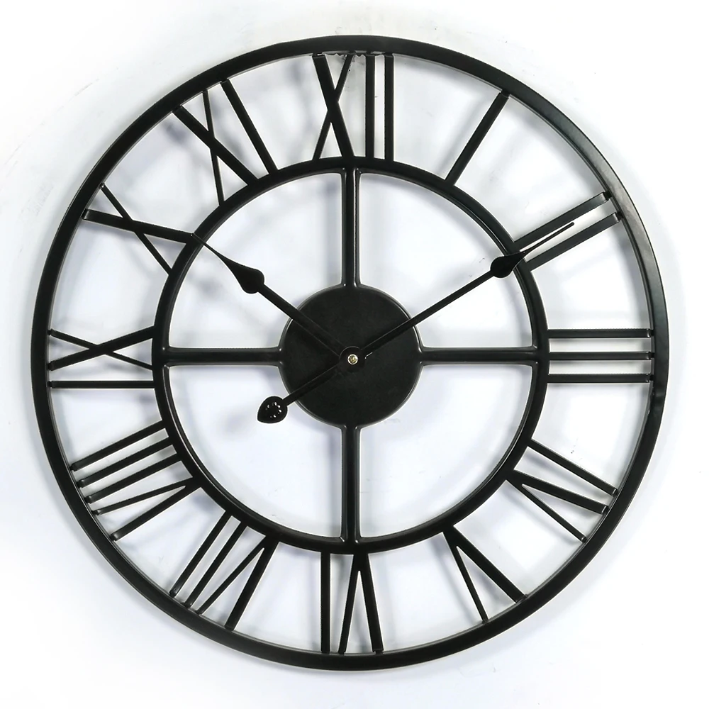 

16 inch 40cm round black modern antique vintage metal home decorative quartz wall mounted clock for living room, N/a
