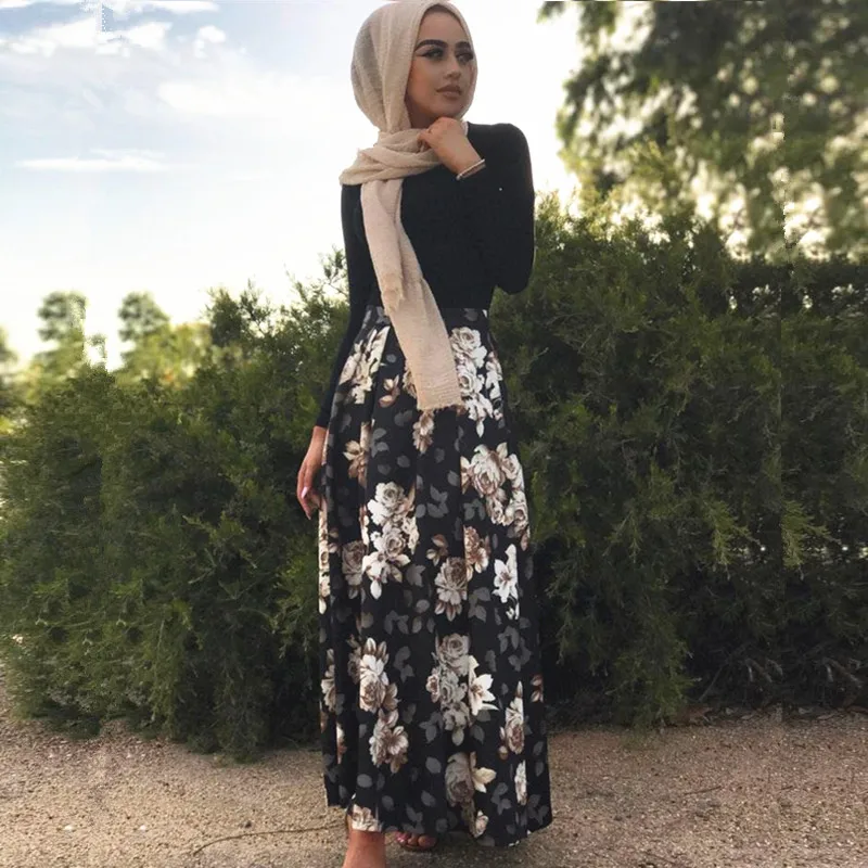 

New arrivalfloral satin skirts for muslim women islamic skirts