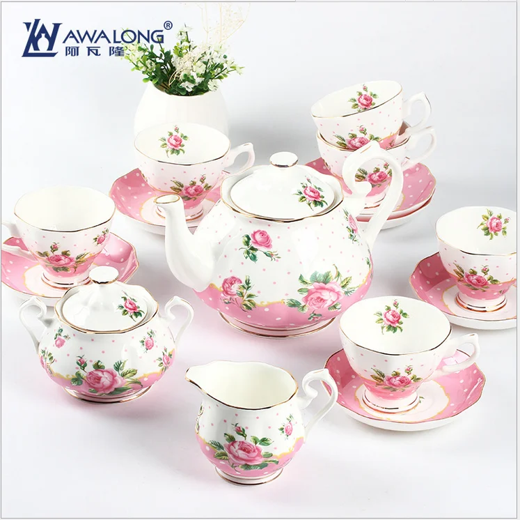 Golden Autumn Promotion 15pcs Fine Bone China pink color english style rose pattern tea set / Afternoon Tea Cup Set