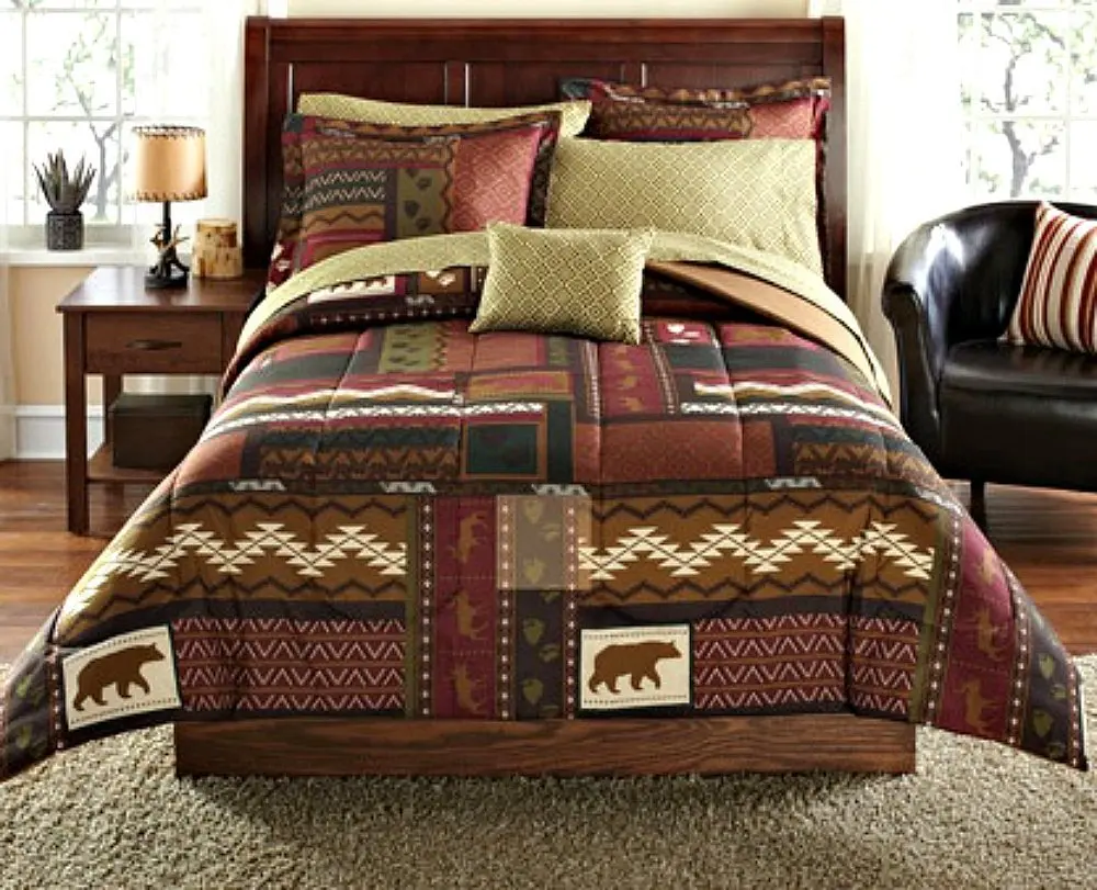 Southwest Cabin Bear Queen Comforter Set (8 Piece Bed In A Bag). 