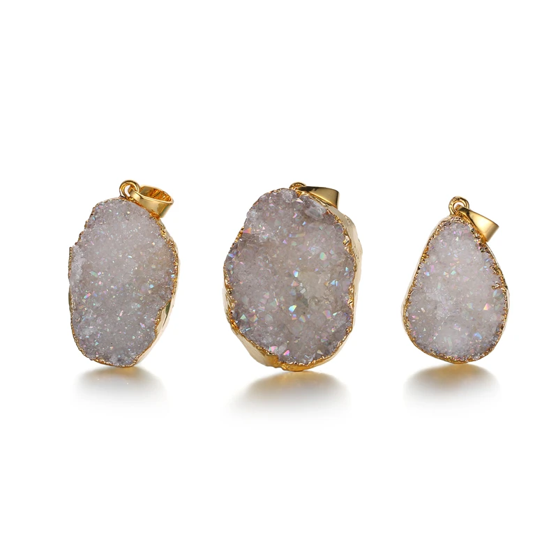 

Fashion Gold Plated Unique Natural Loose Agate Gemstone Brazil Druzy Quartz Crystal Pendant Charms for Necklace Jewellery Women, 7 colors