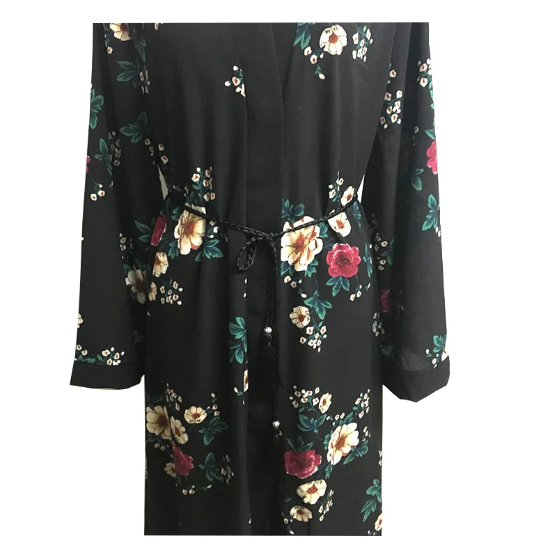 
2018 Wholesale black elengent new floral printed muslim dress umbrella abaya with belt for women manufacturer 