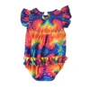 Low Price 4th of July Kids Tie Dye Romper Wholesale Summer Baby Flutter Sleeve Romper For Girls
