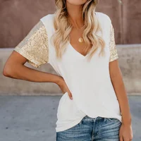 

Spring T-Shirt Women Summer Fashion Sequin Short Sleeve V-neck Cute Female Tops Blusa Y10635