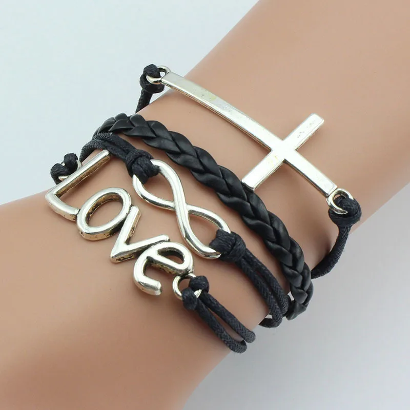 

Infinity Love Cross Bracelets Bangles Black Braided Pu Leather Multilayer Bracelet For Women Jewelry (SK538), As picture