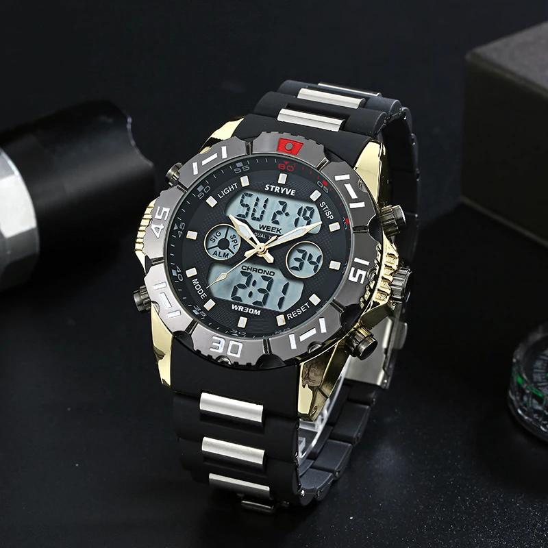 STRYVE S8010 Brand Mens 30M Waterproof Sport Watch Men Analog Digital LED Watches Dual Time Clock Relogio Masculino