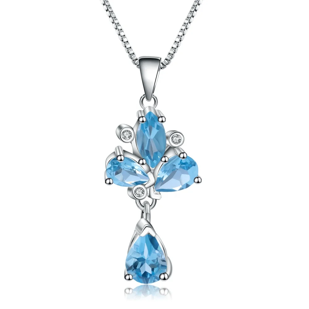 

Abiding flower natural swiss blue topaz gemstone necklace women custom 925 sterling silver pendant jewelry