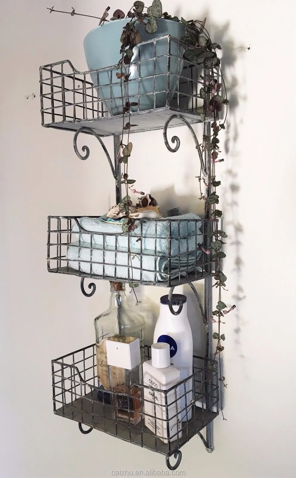 Rustic French Vintage Industrial Style Triple Metal Shelf Unit For Home