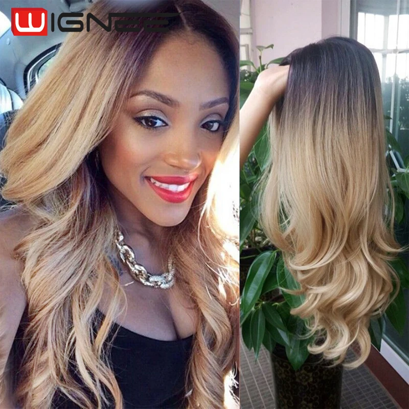 

Ombre Blonde Color Wigs 26 Inches Non Lace Synthetic Wigs Cheap Natural Wear Wigs