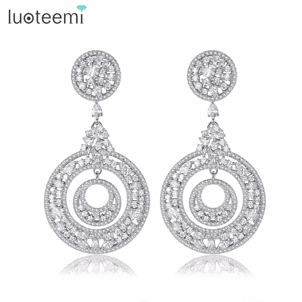 

LUOTTEMI Silver Color New Fashion Charm Hollow Circle CZ Zircon Gem Stone Dangle Earrings For Women Jewelry Brincos Bijoux