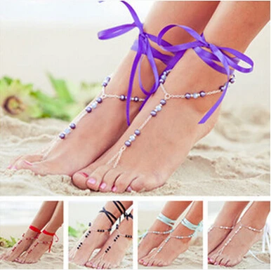 

Glass Beads Silk Ribbon Barefoot Sandals Anklet Chain Toe Wedding Jewelry, Red, light blue, purple, white black