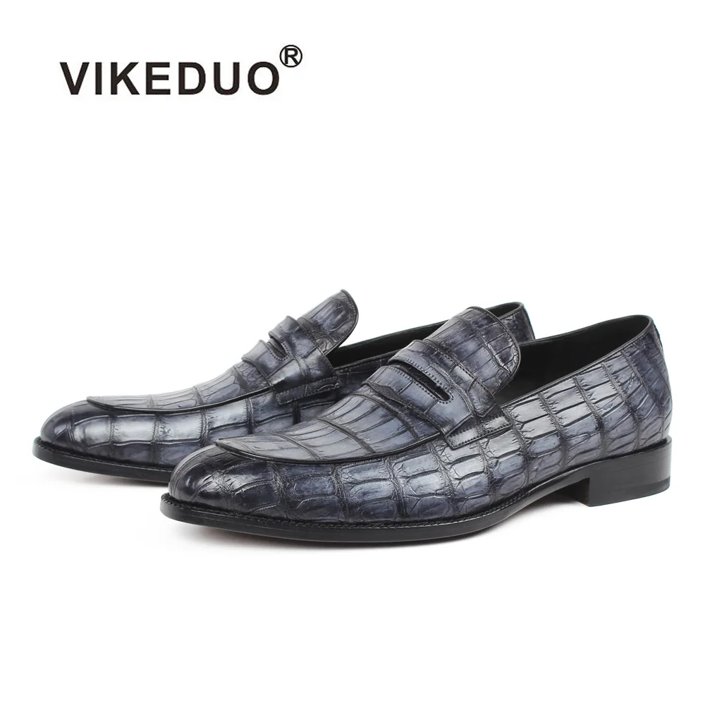

VIKEDUO Hand Made Genuine Crocodile Skin Leather Grey Painted Penny Loafers Brand Name Fashion Men Loafer Shoes