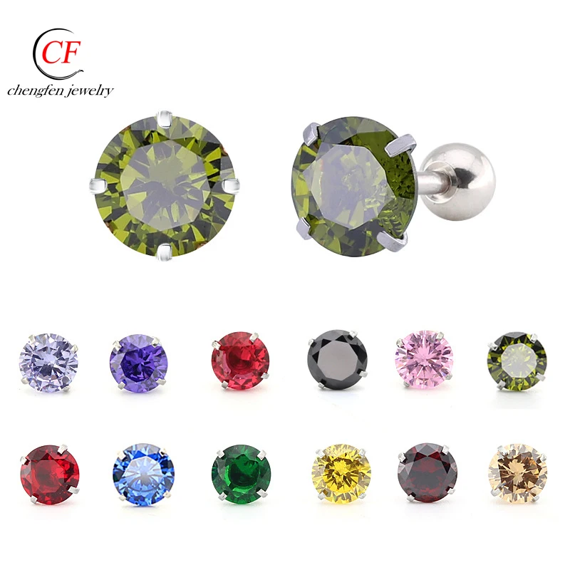 

Stainless Steel 6mm colorfu cubic zircon stud earring, Gold,rose gold, steel