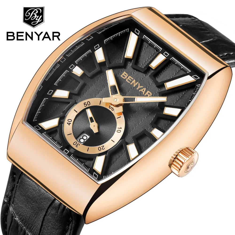 

BENYAR Rectangle Men's Watch Top Brand Quartz Genuine Leather Luxury Classic Case Auto Date Fashion Casual Quartz Men's Watches, 4 colors