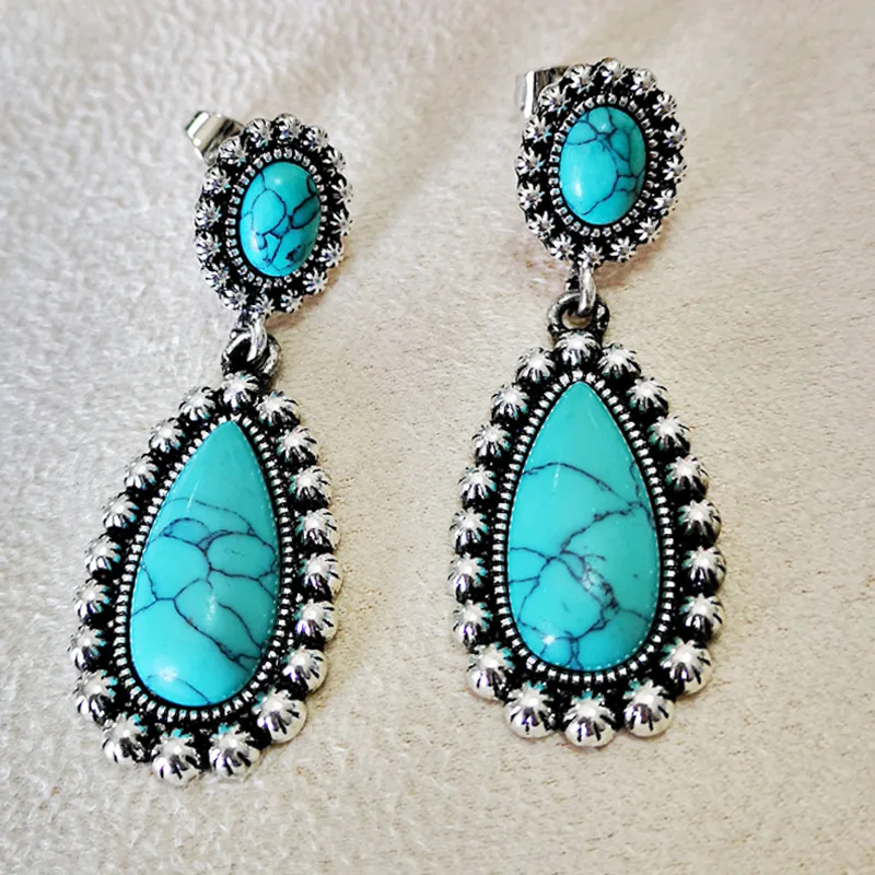 2019 European American Creative Water Drop Shape Turquoise Plated 925 Ancient Silver Earrings, Feather Earrings