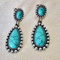 

2019 European American Creative Water Drop Shape Turquoise Plated 925 Ancient Silver Earrings, Feather Earrings