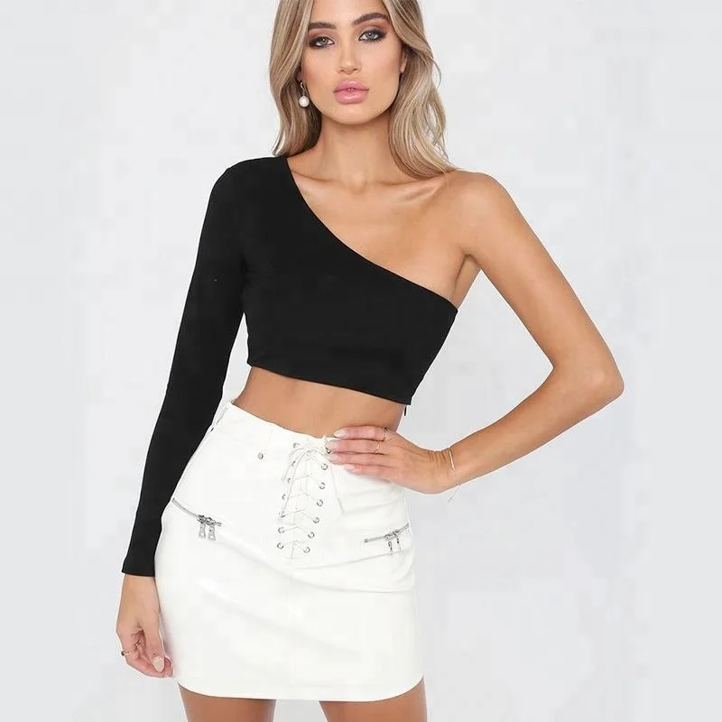

cheap price 2019 long sleeve one shoulder women crop tops hot sale girl sexy tube blouse, Black;white