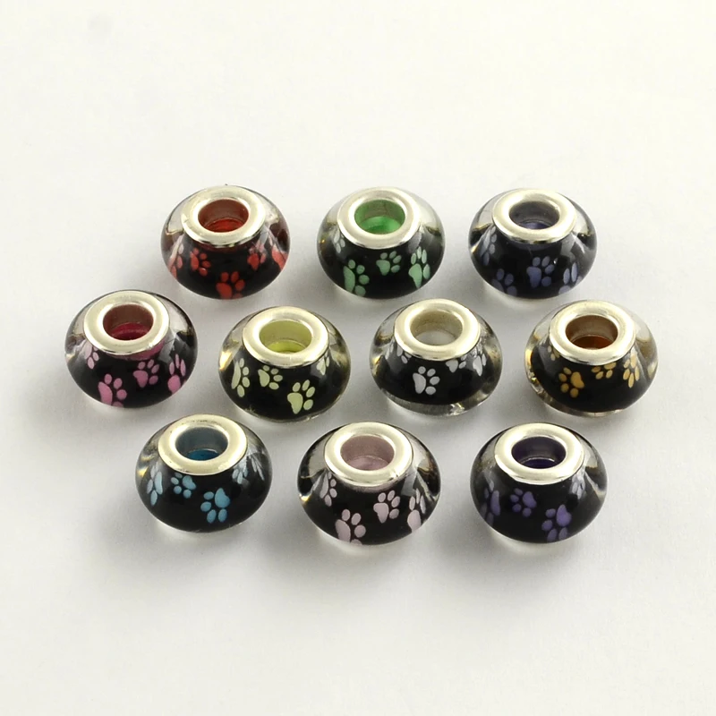

PandaHall Large Hole Dog Paw Prints Pattern Acrylic European Beads with Platinum Tone Brass Double Cores Rondelle Mixed Color