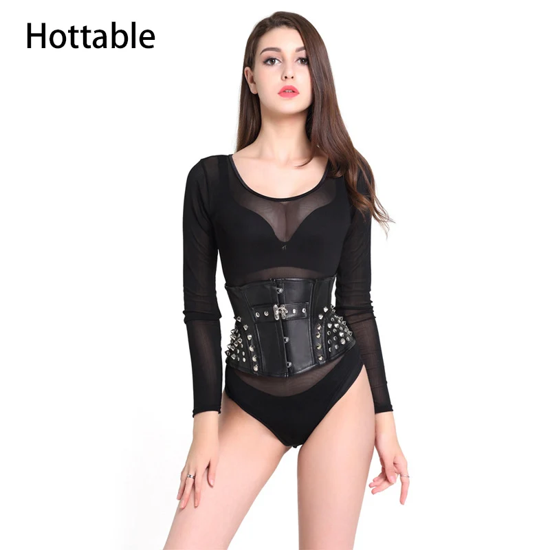 

2018 women rivets Corset Faux Leather Gather Waist fashion Slim Fit Halt Top Palace Corset Black Steampunk Corsets Sexy Bustiers, N/a
