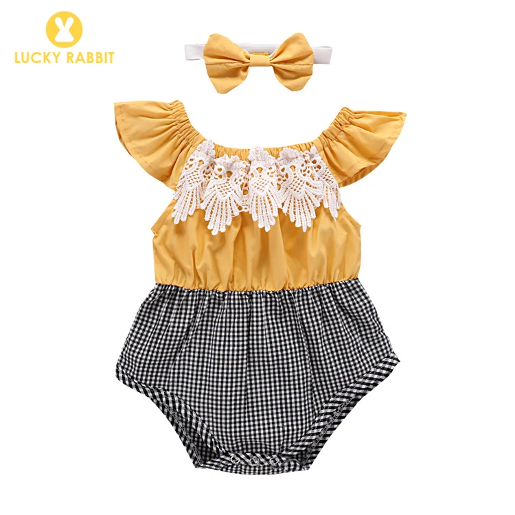 

Ruffle Sleeve Newborn Lace Plaid Spliced Grid Jumpsuit Onesie Baby Girl Lace Baby Applique Grid Romper