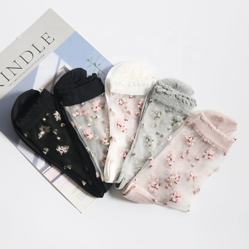 

Summer beautiful thin breathable crystal silk flower womens fashion socks, Black/off white/grey/light pink/beige/blue