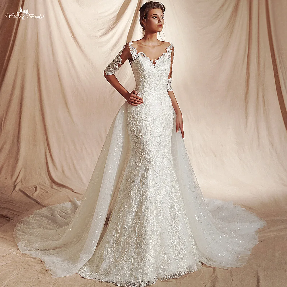 

RSW1478 Half Sleeves Shine Sequin Two In One Removable Train Skirt Mermaid Detachable Wedding Dress