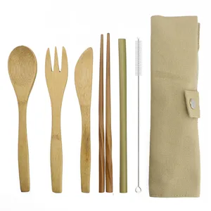 Image of Organic portable bamboo travel utensils kitchen accessories wooden cutlery set