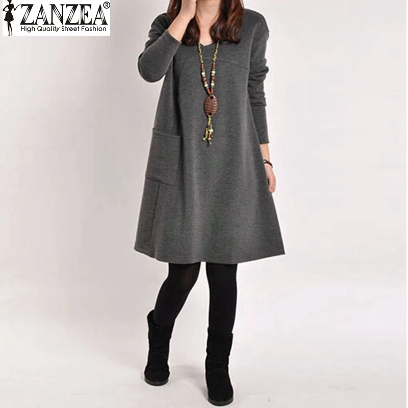Vestidos 2016 Spring ZANZEA Women Vintage Long Sleeve Pocket Dress Ladies Casual Loose Solid V Neck