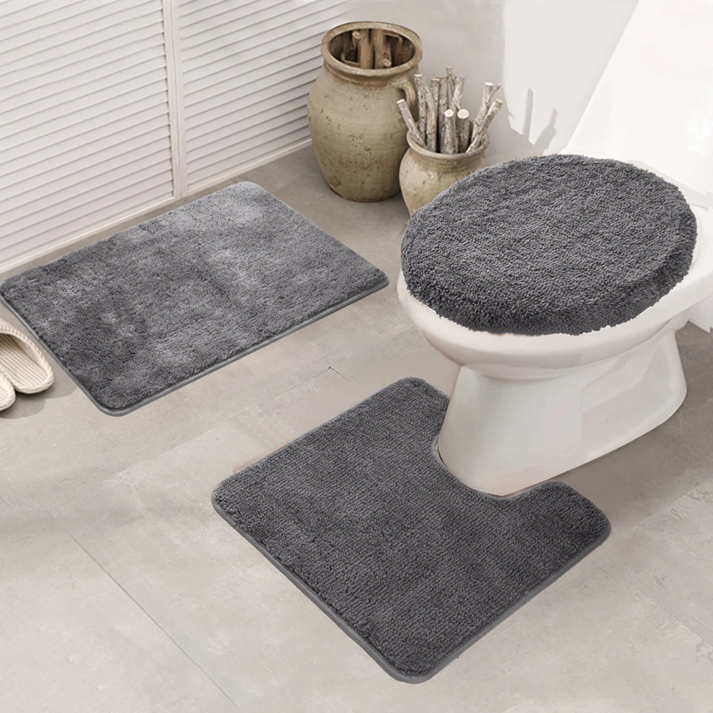 

Solid color contour mat lid cover non-slip tufted 3 pcs shower room floor bathroom mat with TPE backing