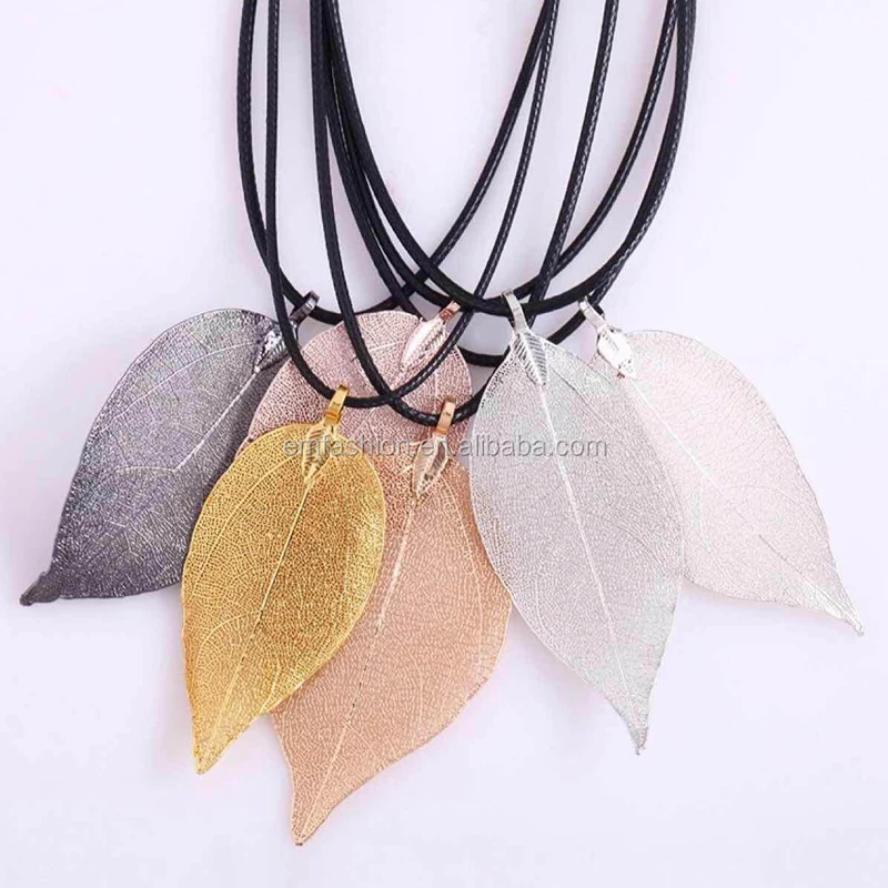 

9 Colors Available Fashion Women Gold Natural Real Leaf Pendant Necklace, Anti.silver;24k gold;shiny silver;black;rose gold;gun matel