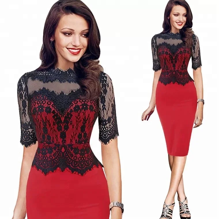 

New Style Latest Design Office Ladies Sexy Vintage Solid Formal Stretch Pencil Lace Split Half Sleeve Bodycon Dress, See photo