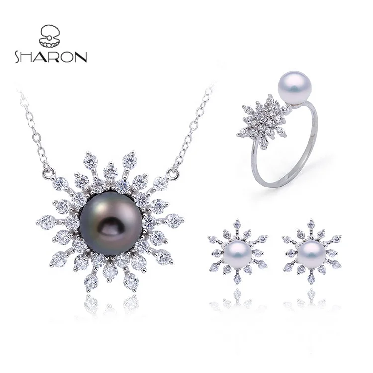 

Wholesale Fashion Snowflake Design 925 Sterling Silver Pearl Bridal Jewelry Pendant Necklace Stud Earring Jewelry Set