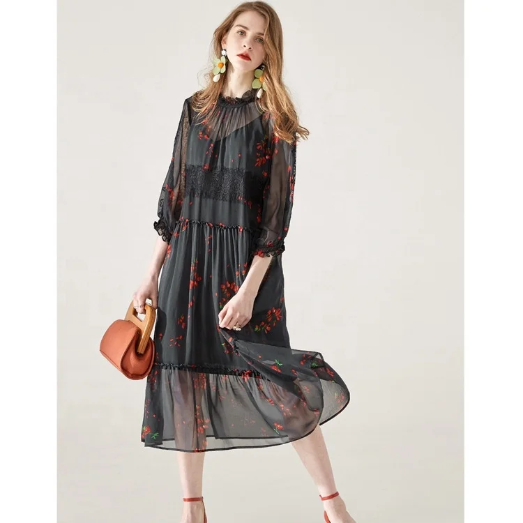 

2019 Clothing mid Sleeve Chiffon Flower Printed women summer Bohemian Long Maxi Dress