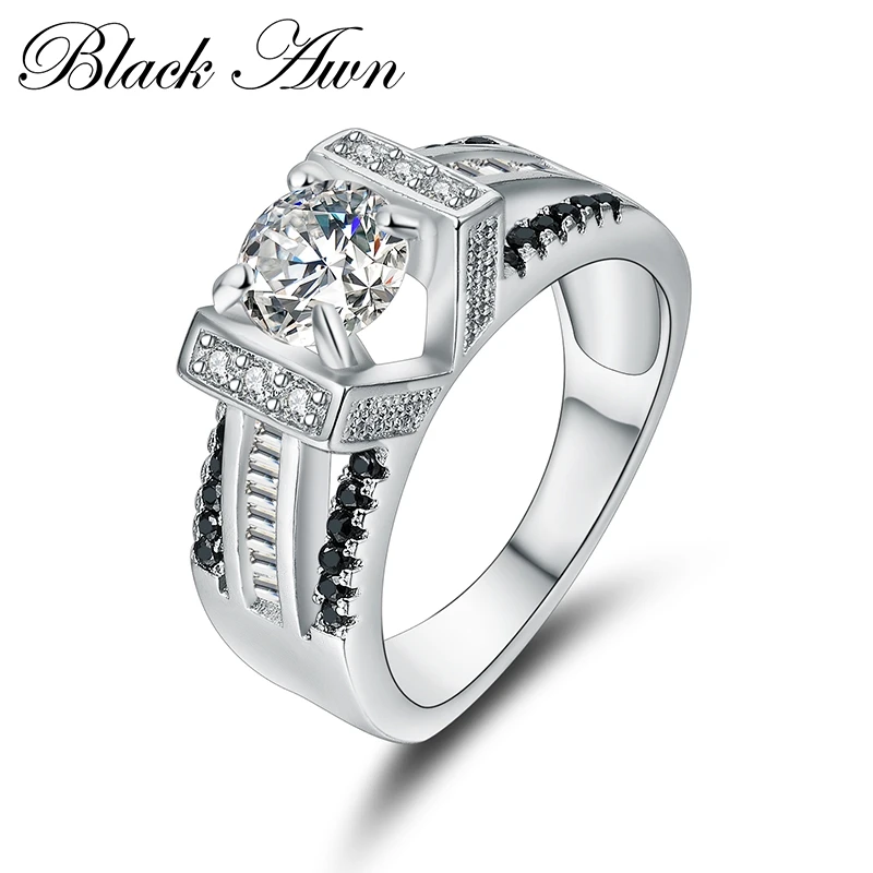 

[BLACK AWN] Genuine 100% 925 Sterling Silver Jewelry Rings for Women Black&White Stone Bague C300