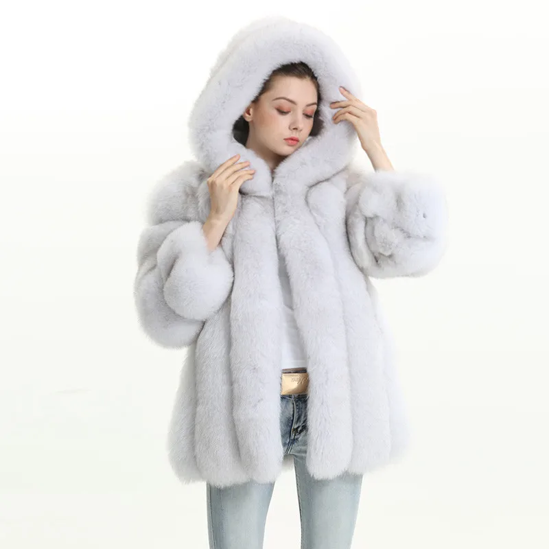 

Wholesale Winter Women Natural Fox Fur Coat Custom Luxury Fashion Real Fox Fur Hooded Coat