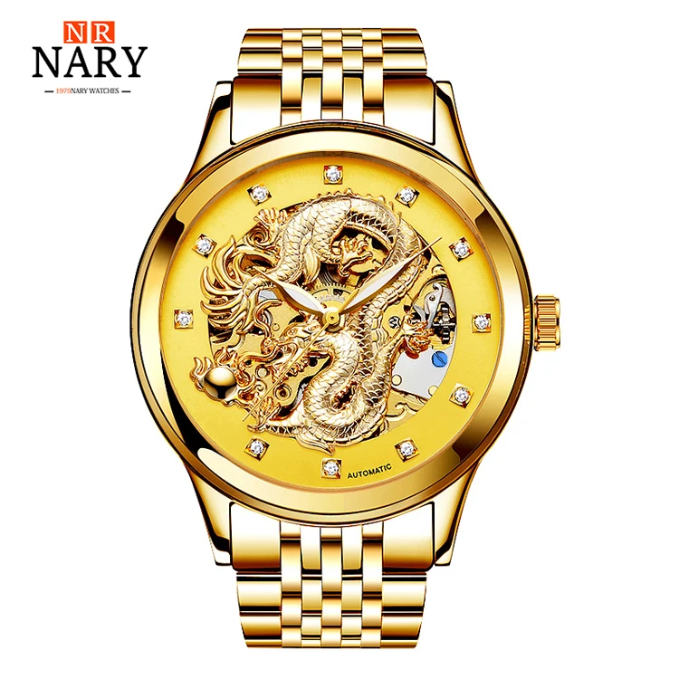 

NARY 18028 Men Gold Watches Automatic Mechanical Watch Male Skeleton Wristwatch Stainless Steel leather Band Luxury Brand Sports, N/a