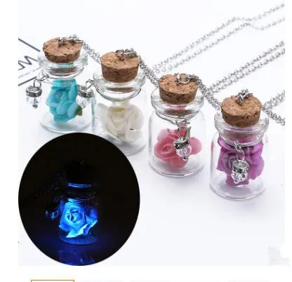 

Vintage Luminous Glow In The Dark Rose Flower Pendant Necklace Fluorescent Glass Wish Bottle Chain Necklace, Blue, purple, white, pink