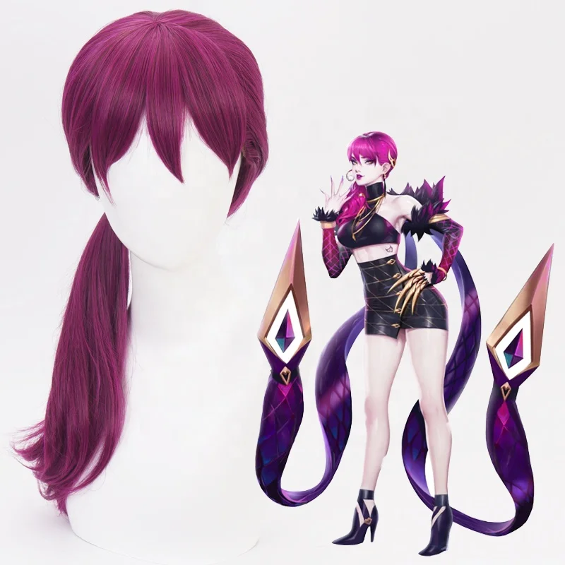 

Wholesale League of Legends LOL Anime Wigs Cosplay 60cm Long Curly Dark Rose Mixed KDA Evelynn Wig Synthetic Wigs