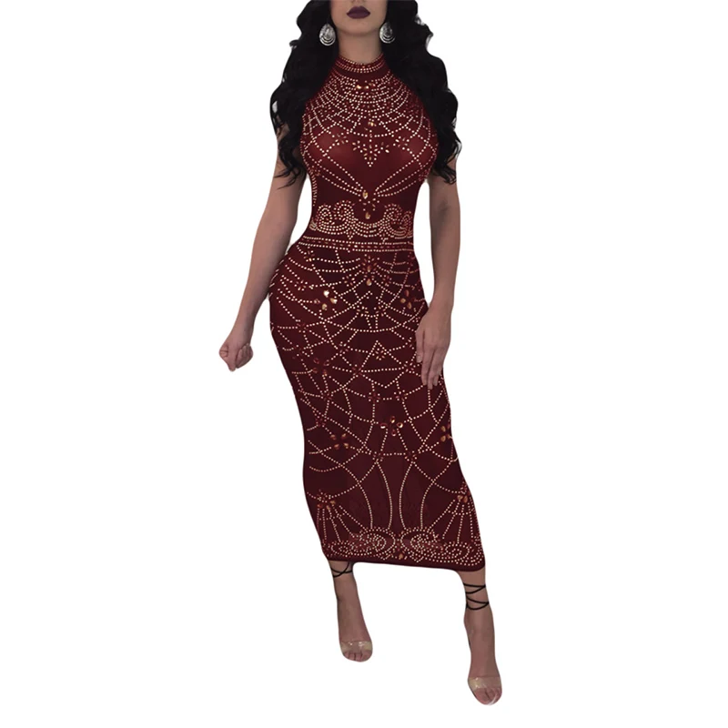 

Sexy Geometric Print Mesh Sheer Wine Red Bodycon Midi Dress Women See Through Sleeveless Retro Party Wear Dresses Vestidos